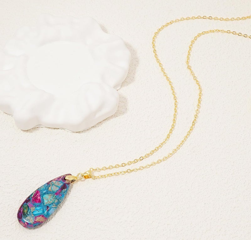 Wovanoo Stone Necklaces for Women Teardrop Gemstone Pendant Necklace 14K Natural Stone Chain Necklaces Blue Colorful Gold - Image 4