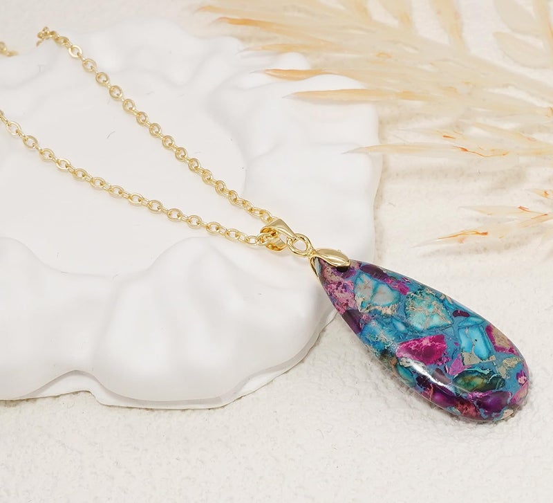Wovanoo Stone Necklaces for Women Teardrop Gemstone Pendant Necklace 14K Natural Stone Chain Necklaces Blue Colorful Gold - Image 3