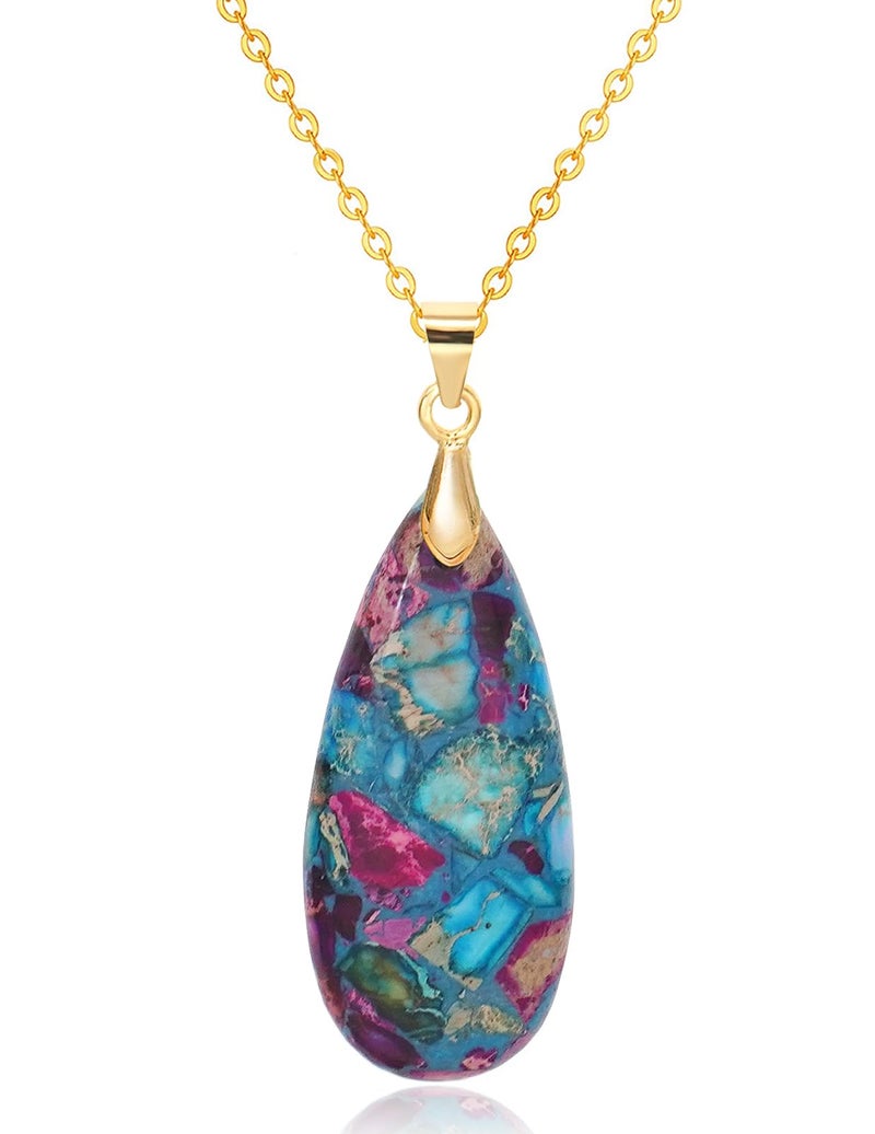 Wovanoo Stone Necklaces for Women Teardrop Gemstone Pendant Necklace 14K Natural Stone Chain Necklaces Blue Colorful Gold - Image 1