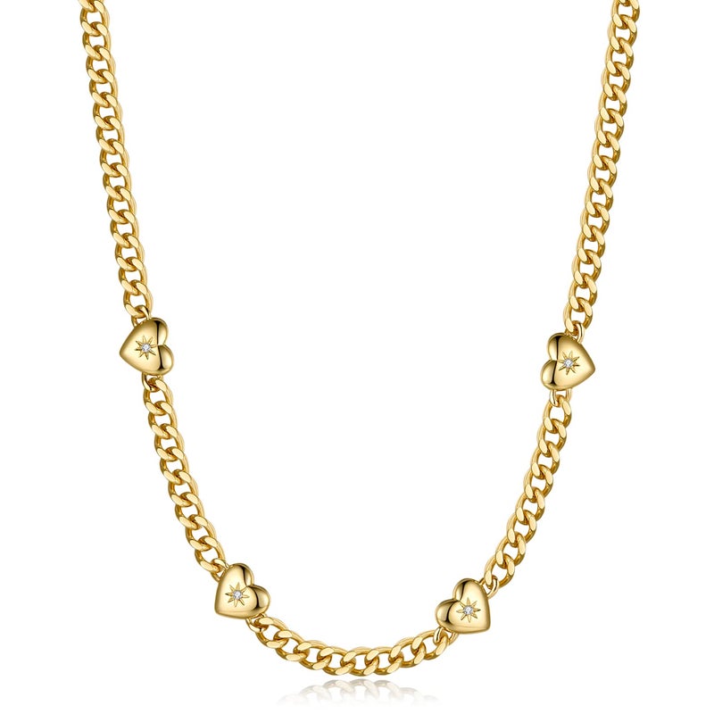 NUZON 18K Gold Plated Multi Hearts Necklace for Women Dainty Cuban Link Chain Choker Charm CZ Heart Station Dangling Necklace Love Friendship Jewelry Adjustable 16'' - Image 1