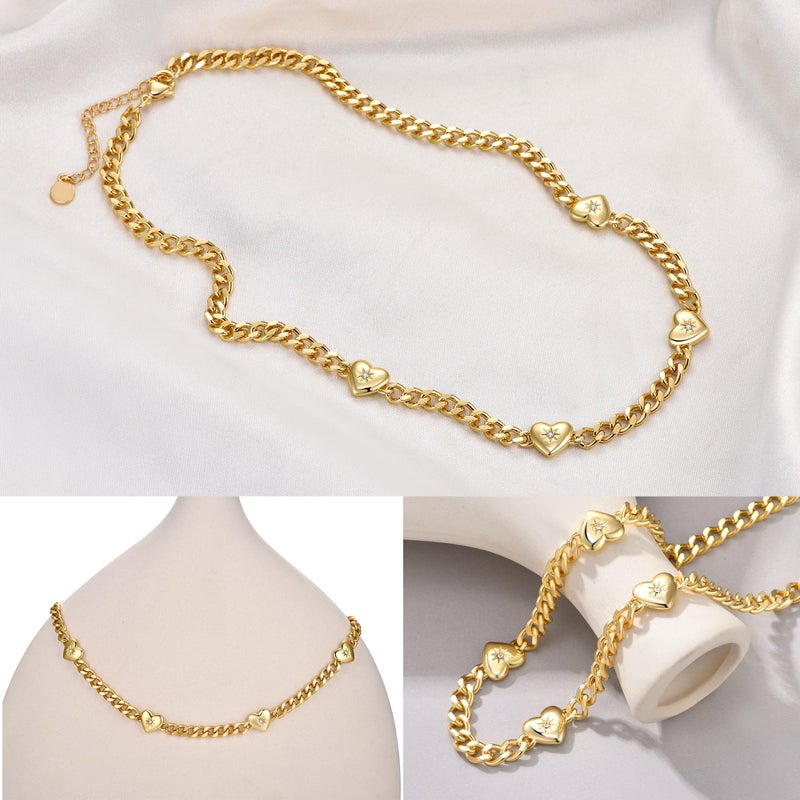 NUZON 18K Gold Plated Multi Hearts Necklace for Women Dainty Cuban Link Chain Choker Charm CZ Heart Station Dangling Necklace Love Friendship Jewelry Adjustable 16'' - Image 5
