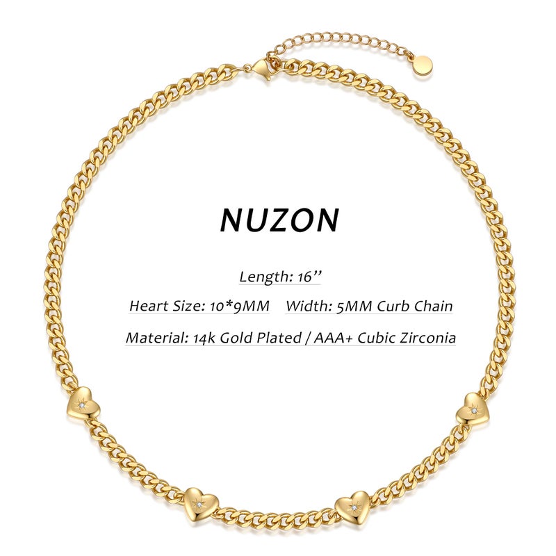 NUZON 18K Gold Plated Multi Hearts Necklace for Women Dainty Cuban Link Chain Choker Charm CZ Heart Station Dangling Necklace Love Friendship Jewelry Adjustable 16'' - Image 4