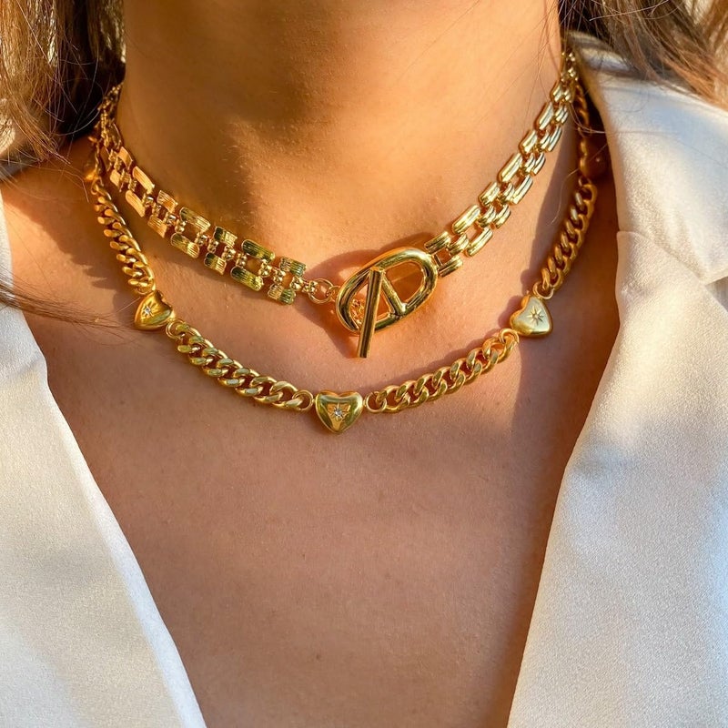 NUZON 18K Gold Plated Multi Hearts Necklace for Women Dainty Cuban Link Chain Choker Charm CZ Heart Station Dangling Necklace Love Friendship Jewelry Adjustable 16'' - Image 3