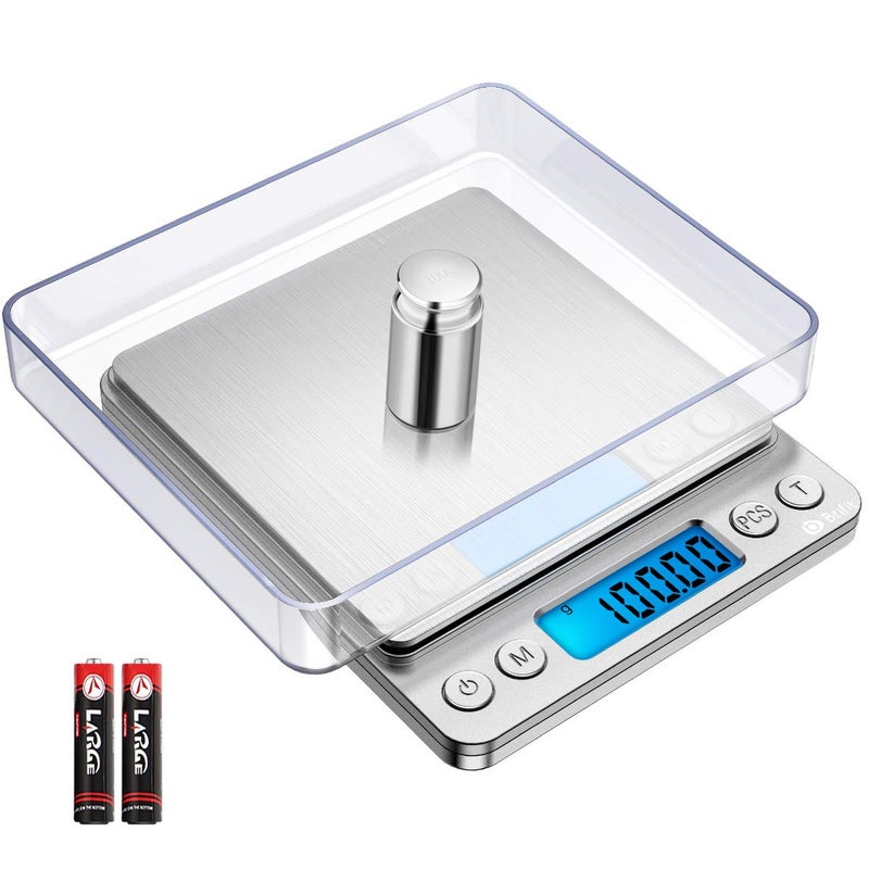 New AMIR Digital Kitchen Scale 500g 001g Mini Pocket Jewelry Scale 100g Calibration Weight Cooking Food Scale BackLit LCD Display 2 Trays 6 Units Auto Off Tare PCS Stainless Steel