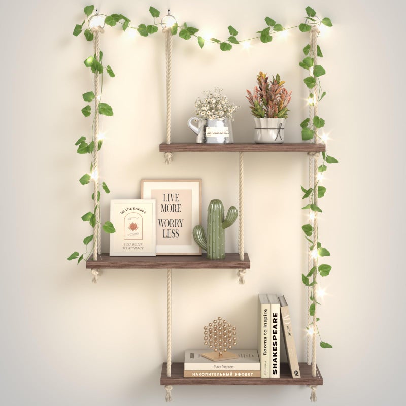 REFGY Hanging Shelves for Wall with Vine Lights, 3 Tier Rope Wall Hanging Plant Shelf, Boho Wall Decor Aesthetic for Succulents, Bedroom, Living Room, Bathroom (Rustic Brown) - Image 1