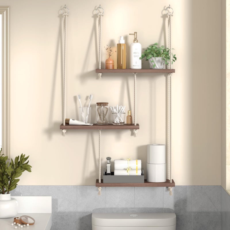 REFGY Hanging Shelves for Wall with Vine Lights, 3 Tier Rope Wall Hanging Plant Shelf, Boho Wall Decor Aesthetic for Succulents, Bedroom, Living Room, Bathroom (Rustic Brown) - Image 5