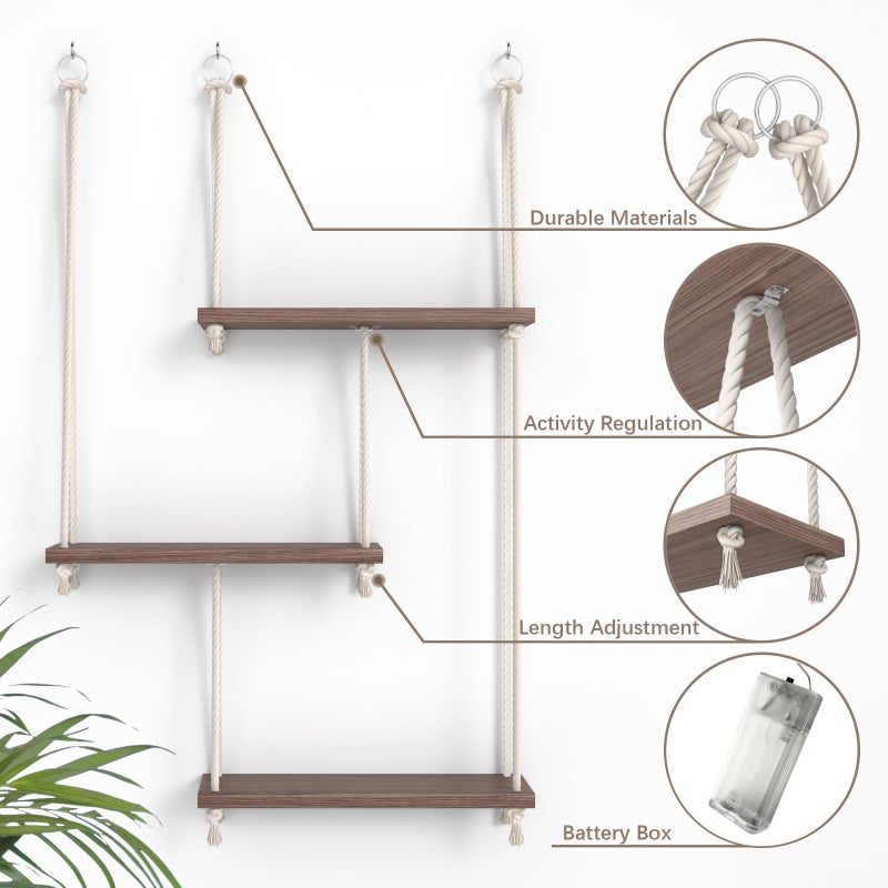 REFGY Hanging Shelves for Wall with Vine Lights, 3 Tier Rope Wall Hanging Plant Shelf, Boho Wall Decor Aesthetic for Succulents, Bedroom, Living Room, Bathroom (Rustic Brown) - Image 3