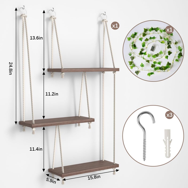 REFGY Hanging Shelves for Wall with Vine Lights, 3 Tier Rope Wall Hanging Plant Shelf, Boho Wall Decor Aesthetic for Succulents, Bedroom, Living Room, Bathroom (Rustic Brown) - Image 2