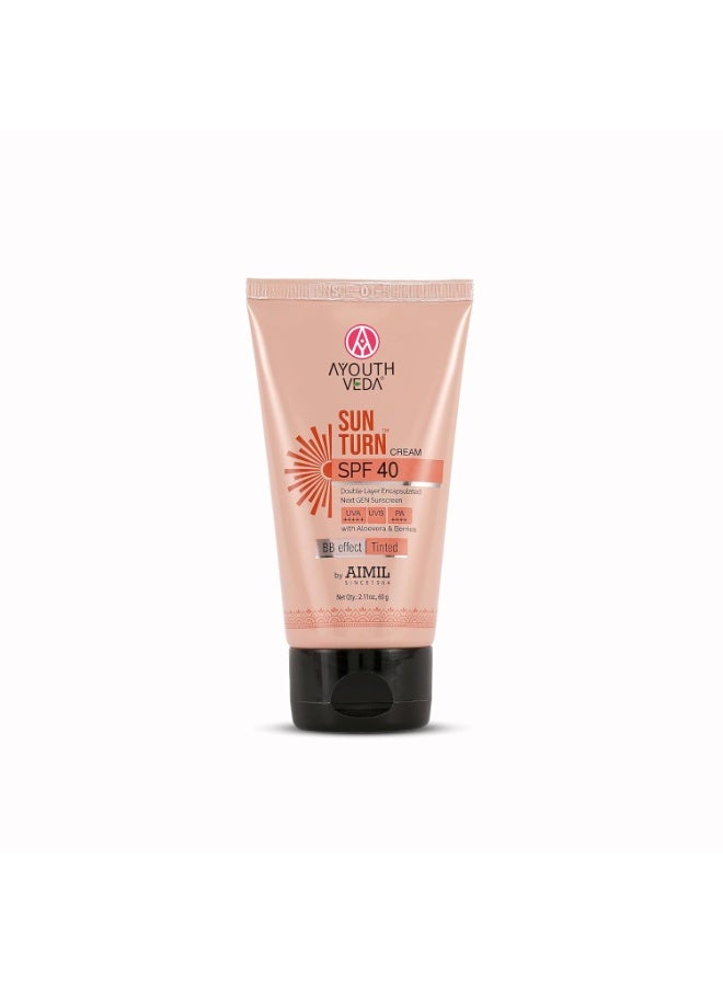 Ayouthveda Sunturn Cream SPF 40 Tinted Sunscreen with BB Effect & PA++++ | Zinc Oxide, Aloe Vera & Berry Extracts | Broad Spectrum UVA/UVB & Blue Light Protection | No White Cast | Lightweight & Water Resistant | 60g (Pack of 1) - Image 1