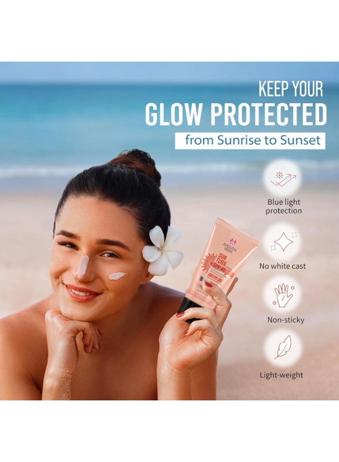 Ayouthveda Sunturn Cream SPF 40 Tinted Sunscreen with BB Effect & PA++++ | Zinc Oxide, Aloe Vera & Berry Extracts | Broad Spectrum UVA/UVB & Blue Light Protection | No White Cast | Lightweight & Water Resistant | 60g (Pack of 1) - Image 4