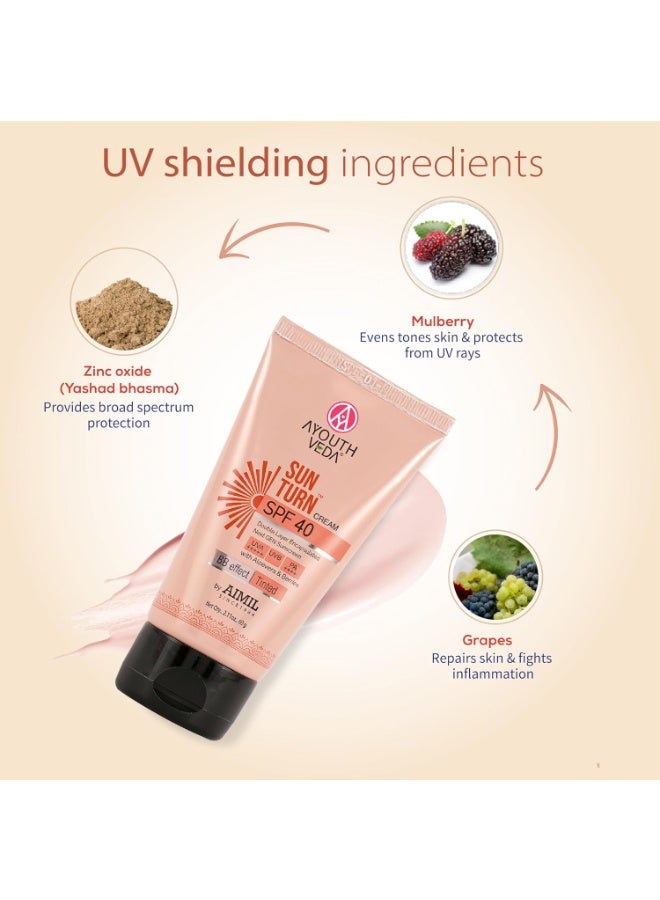Ayouthveda Sunturn Cream SPF 40 Tinted Sunscreen with BB Effect & PA++++ | Zinc Oxide, Aloe Vera & Berry Extracts | Broad Spectrum UVA/UVB & Blue Light Protection | No White Cast | Lightweight & Water Resistant | 60g (Pack of 1) - Image 2
