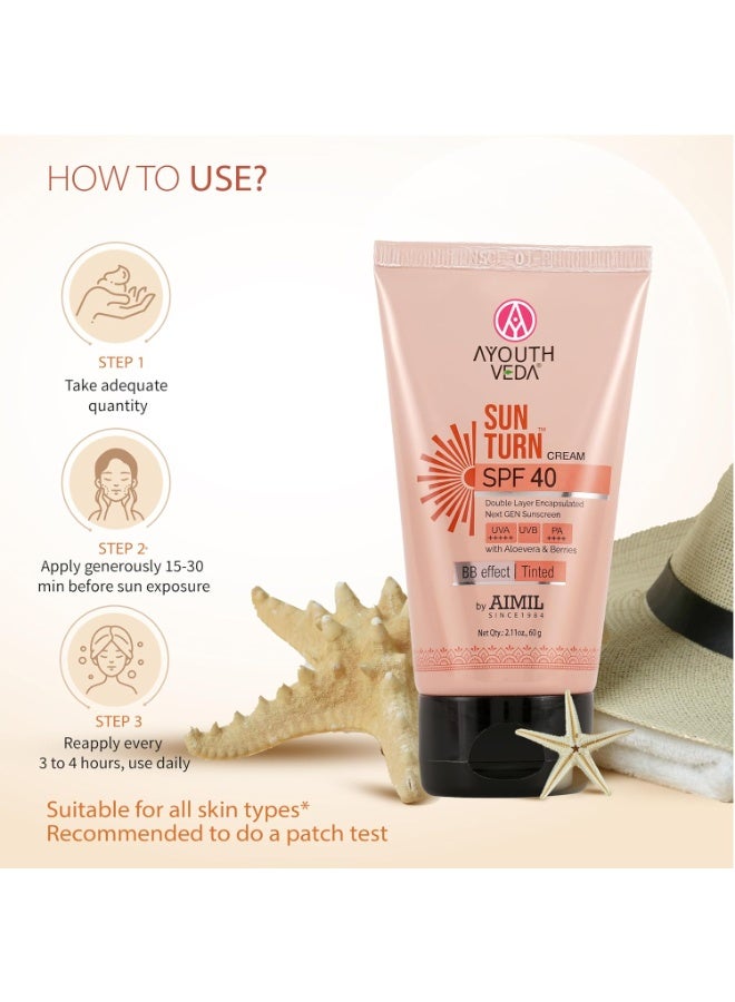 Ayouthveda Sunturn Cream SPF 40 Tinted Sunscreen with BB Effect & PA++++ | Zinc Oxide, Aloe Vera & Berry Extracts | Broad Spectrum UVA/UVB & Blue Light Protection | No White Cast | Lightweight & Water Resistant | 60g (Pack of 1) - Image 3