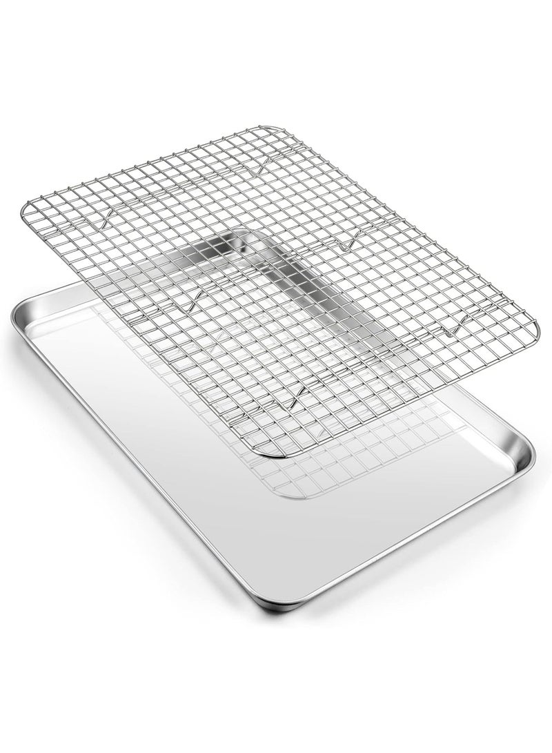 16 بوصة الخبز وعاء مع رف مجموعة، الفولاذ المقاوم للصدأ ورقة الفرن وعاء علبة مع رف التبريد، للكوكيز، لحم الخبز، اللحوم، غير سامة وثقيلة، خالية من الصدأ وغسالة الصحون آمنة - 1 وعاء و1 رف - Image 1