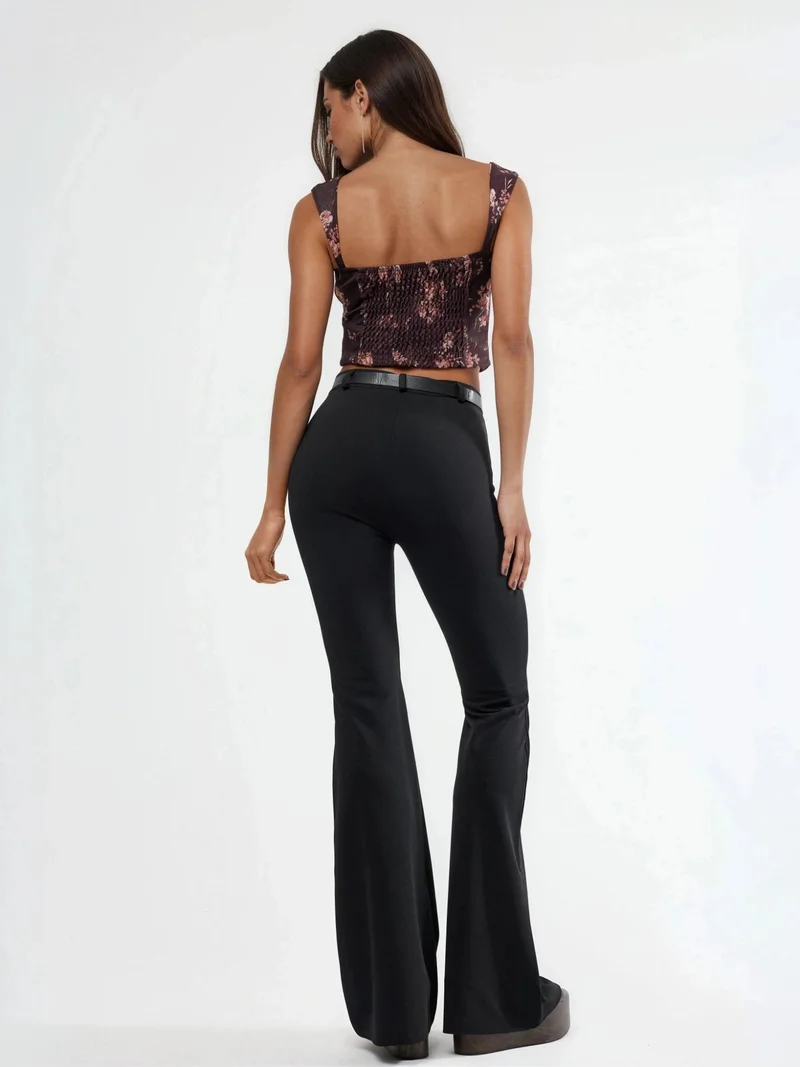 Qustyle QU STYLE Belted High Waist Flare Leg Pants