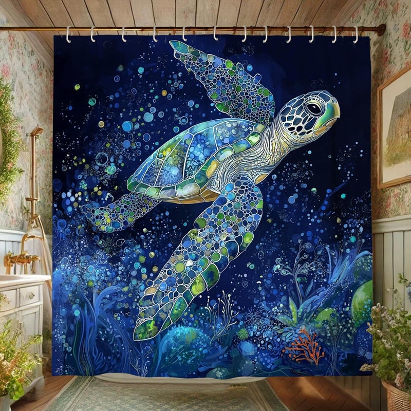 Sea Turtle Shower Curtain, Colorful Ocean Blue Green Bath Curtain for Bathroom Decor, Summer Beach Modern Artistic Waterproof Fabric Shower Curtain Set with Hooks 72x72 Inch - Image 3