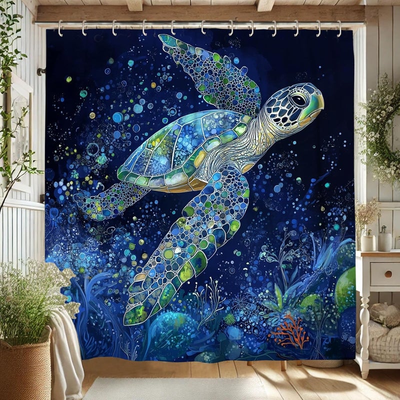 Sea Turtle Shower Curtain, Colorful Ocean Blue Green Bath Curtain for Bathroom Decor, Summer Beach Modern Artistic Waterproof Fabric Shower Curtain Set with Hooks 72x72 Inch - Image 1