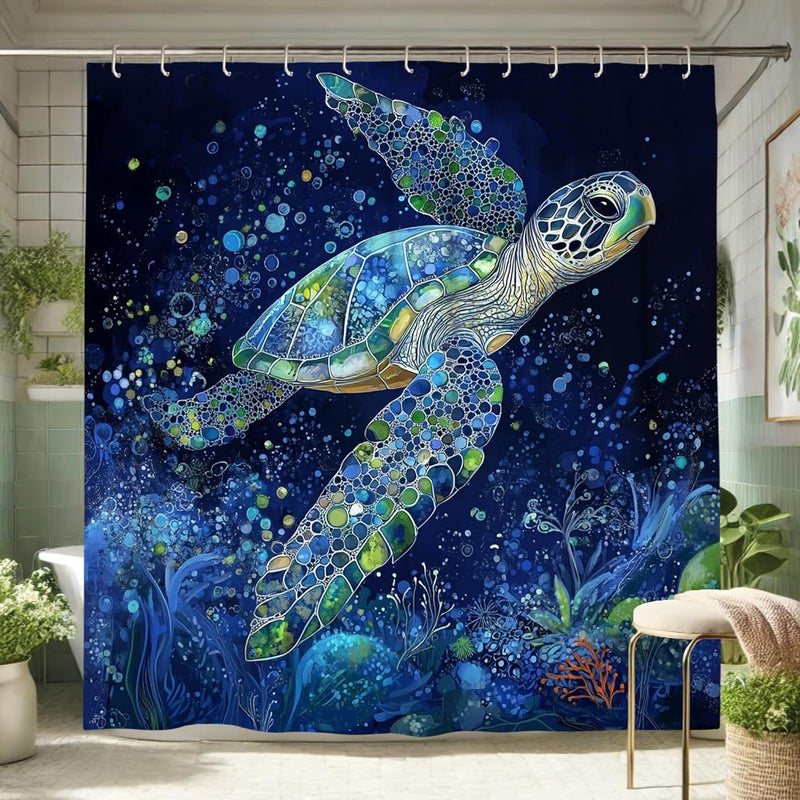Sea Turtle Shower Curtain, Colorful Ocean Blue Green Bath Curtain for Bathroom Decor, Summer Beach Modern Artistic Waterproof Fabric Shower Curtain Set with Hooks 72x72 Inch - Image 2