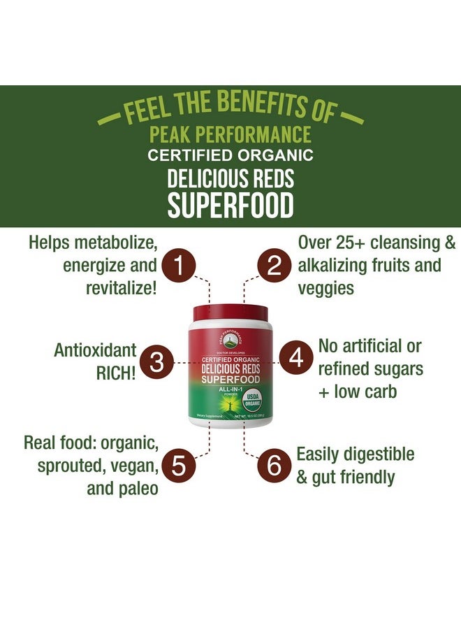 Peak Performance - Peak Performance Organic Reds Superfood Powder, Best Tasting Organic Red Juice Super Food w/ 25+ All Natural Ingredients & Polyphenols, Vital for Max Energy and Detox. Raspberry, Elderberry, Beetroot - Image 1