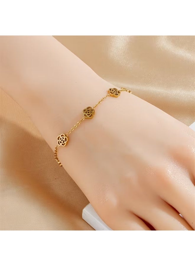 سوار نسائي مطلي بالذهب عيار 18 قيراطًا على شكل زهرة من الفولاذ المقاوم للصدأ هدية - Image 2