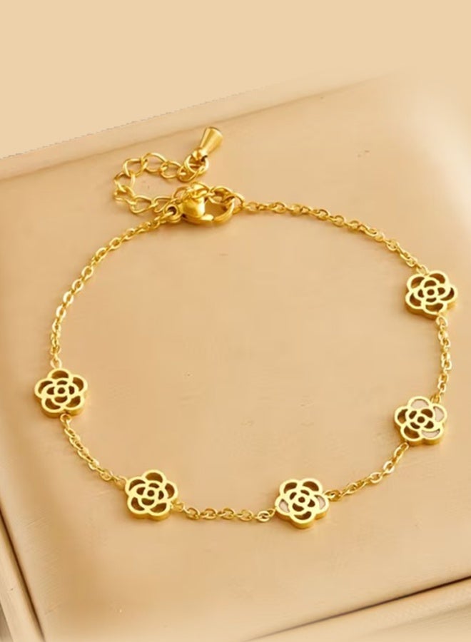 سوار نسائي مطلي بالذهب عيار 18 قيراطًا على شكل زهرة من الفولاذ المقاوم للصدأ هدية - Image 1