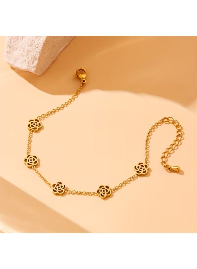 سوار نسائي مطلي بالذهب عيار 18 قيراطًا على شكل زهرة من الفولاذ المقاوم للصدأ هدية - Image 4