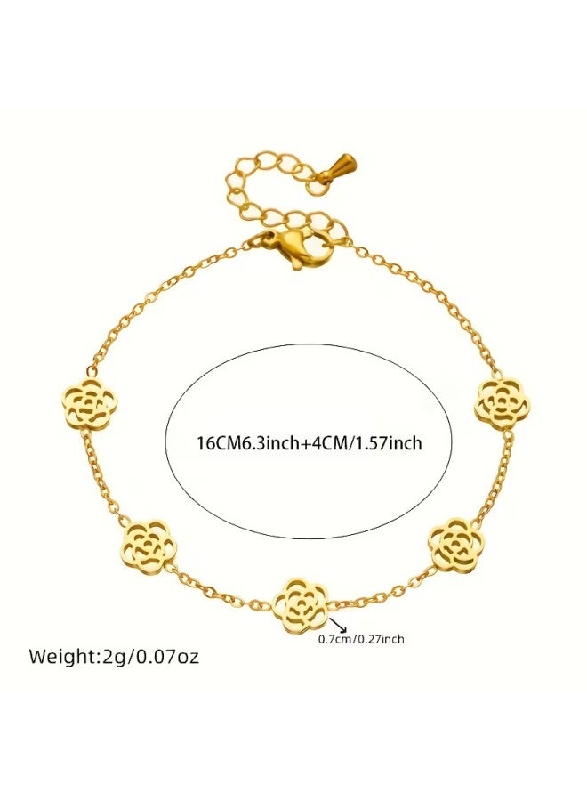 سوار نسائي مطلي بالذهب عيار 18 قيراطًا على شكل زهرة من الفولاذ المقاوم للصدأ هدية - Image 5