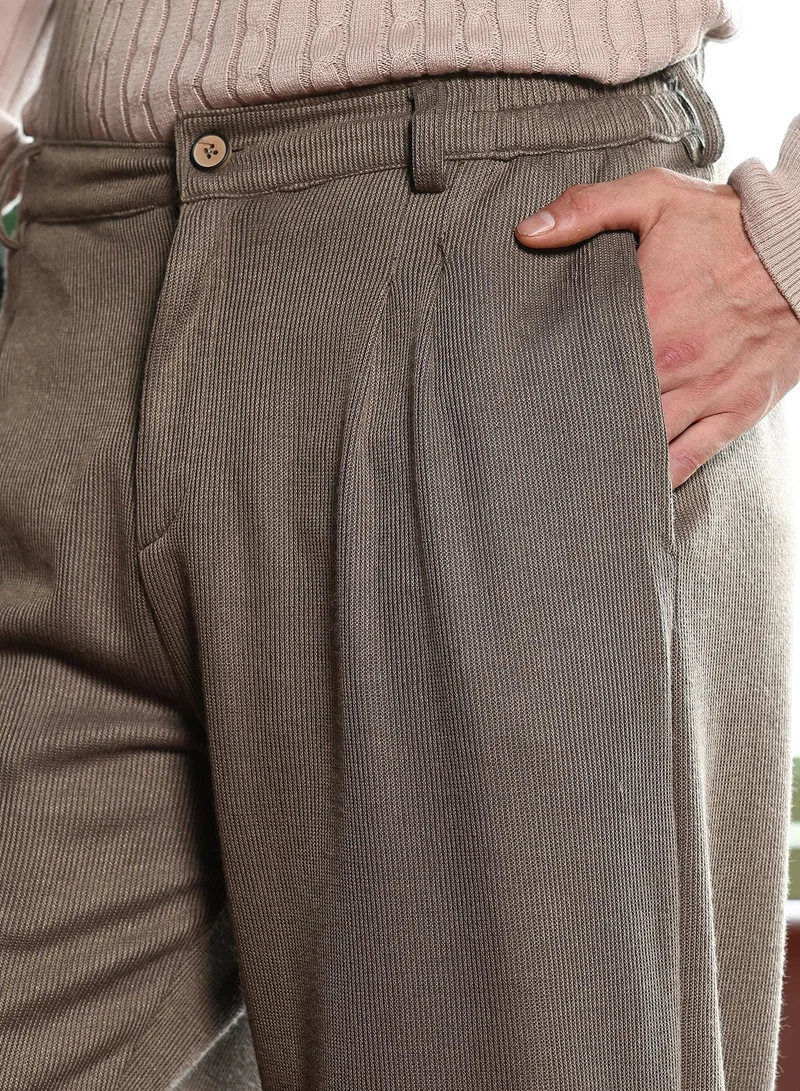 CAHOOT  Men Pleated-Ribbed Trousers | Mid-Rise, Straight-Fit | Button Closure, Straight Hem | Solid Ribbed | Knitted Fabric For Office & Casual Wear | Ash Brown for Men | Best Price UAE