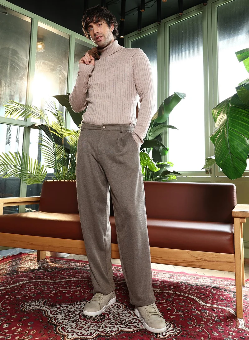CAHOOT  Men Pleated-Ribbed Trousers | Mid-Rise, Straight-Fit | Button Closure, Straight Hem | Solid Ribbed | Knitted Fabric For Office & Casual Wear | Ash Brown for Men | Best Price UAE