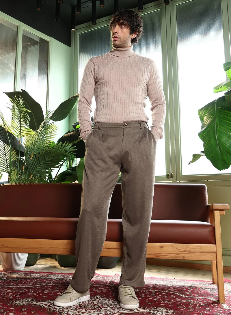 CAHOOT  Men Pleated-Ribbed Trousers | Mid-Rise, Straight-Fit | Button Closure, Straight Hem | Solid Ribbed | Knitted Fabric For Office & Casual Wear | Ash Brown for Men | Best Price UAE