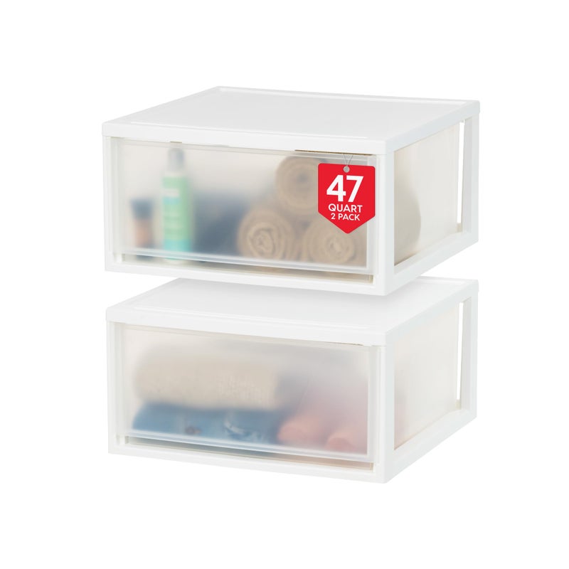 IRIS IRIS USA 47 Qt Plastic Drawer Storage Organizer Stacking Drawers 2Pack Stackable Unit with Sliding Drawer for Clothes Bedroom Kitchen Under Sink Pantry Craft Room Bathroom Dorm Office White
