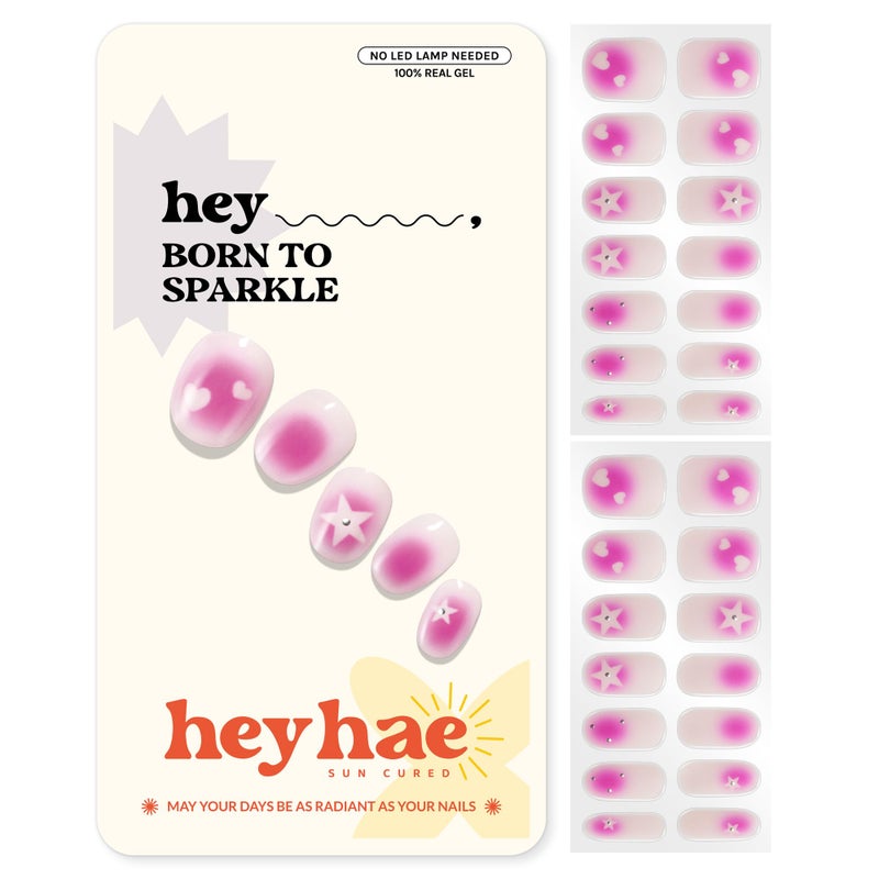 Heyhae Semi Cured Gel Nail Strips | No LED Lamp Needed | Pink, Valentines | Easy Apply & Remove, Salon Quality | Includes 28 Strips, 1 Prep Pads, Nail File & Wooden Stick - Hey, Born to Sparkle - Image 1