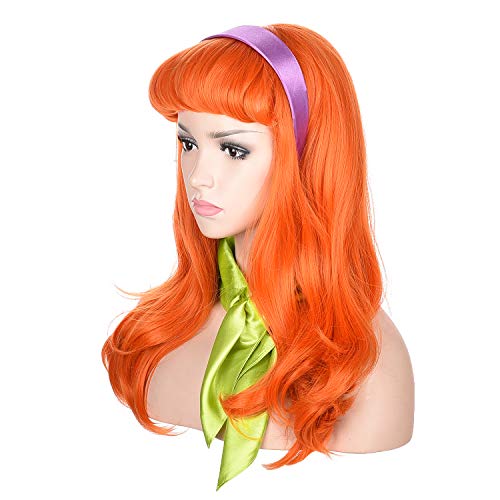 morvally Long Wavy Ginger Orange Bangs Synthetic Wigs with Headband and Scarf for Women - Image 3