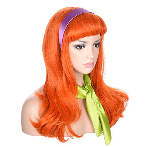 morvally Long Wavy Ginger Orange Bangs Synthetic Wigs with Headband and Scarf for Women - Image 2