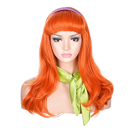 morvally Long Wavy Ginger Orange Bangs Synthetic Wigs with Headband and Scarf for Women - Image 1