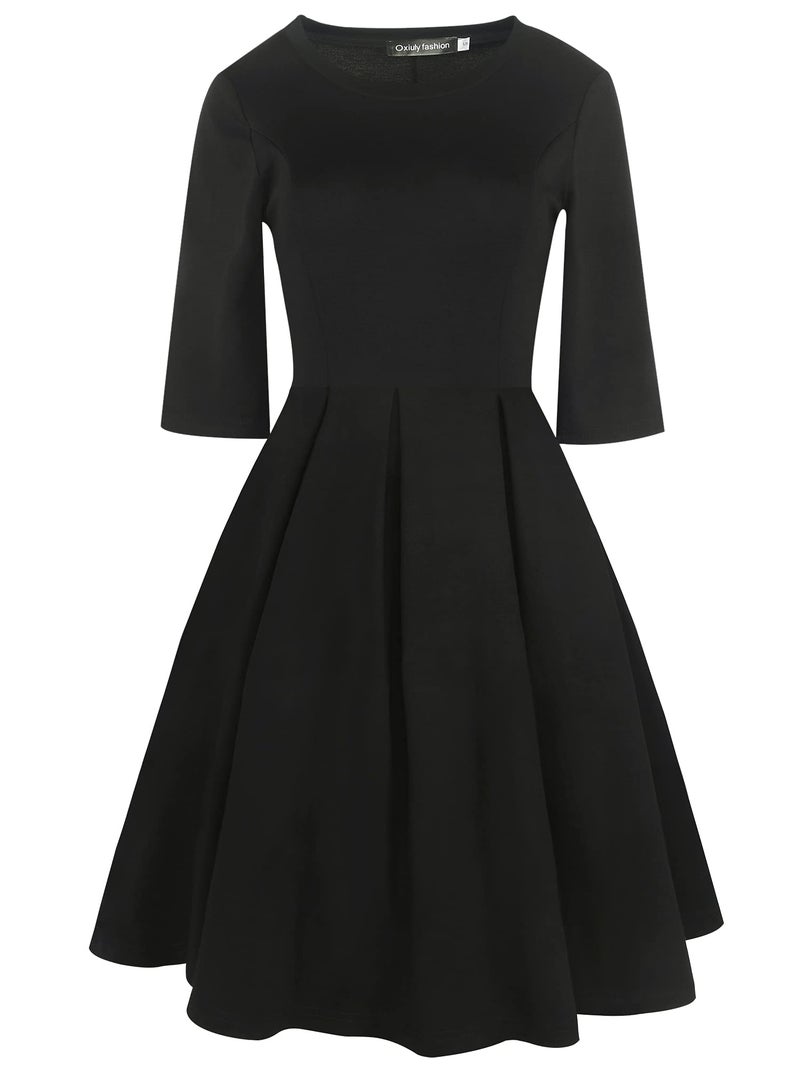 oxiuly Women's Vintage Half Sleeve O-Neck Contrast Casual Pockets Party Swing Dress OX253 (Black Solid, M) - Image 2