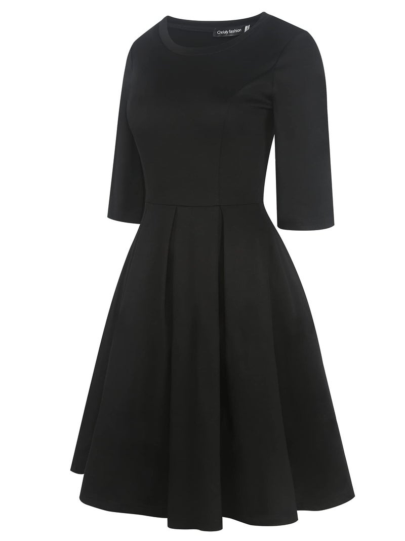 oxiuly Women's Vintage Half Sleeve O-Neck Contrast Casual Pockets Party Swing Dress OX253 (Black Solid, M) - Image 3