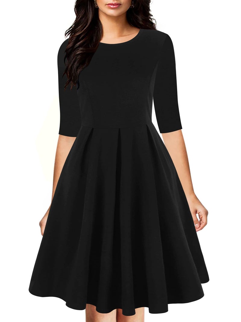 oxiuly Women's Vintage Half Sleeve O-Neck Contrast Casual Pockets Party Swing Dress OX253 (Black Solid, M) - Image 1