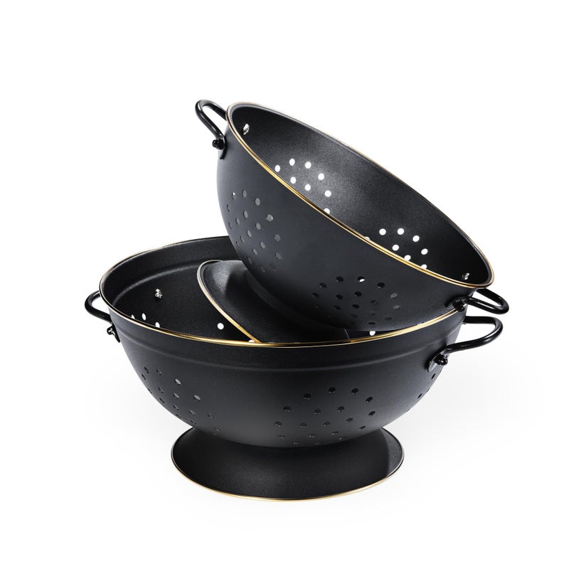 Metal Colander Set of 2 Strainer Basket with Handles perfect for Spaghetti Pasta Berry Vegetable Fruit Solid Base Powder Coated Selfdraining Kitchen Colander Bowel 35  5 Qt Matte Black