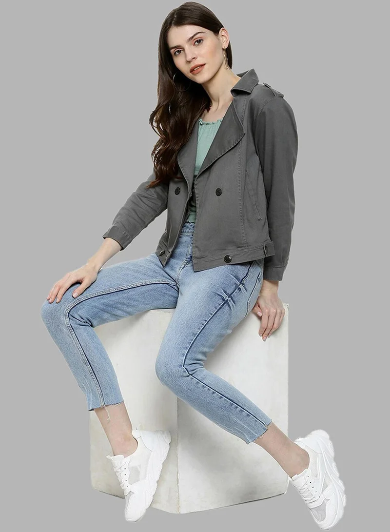 Campus Sutra Women's Moon Grey Double-Breasted Biker Jacket For Casual Wear | Lapel Collar | Long Cuffed Sleeves | Button Closure | Jacket Crafted With Comfort Fit For Everyday Wear
