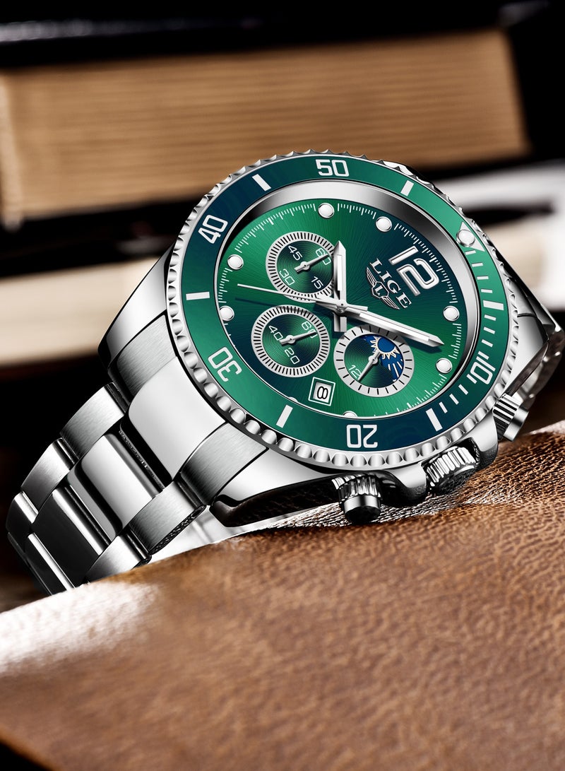 لييج ساعة يد رجالية كلاسيكية كوارتز فاخرة مقاومة للماء كرونوغراف بمينا أخضر وسوار من الفولاذ المقاوم للصدأ - Image 2