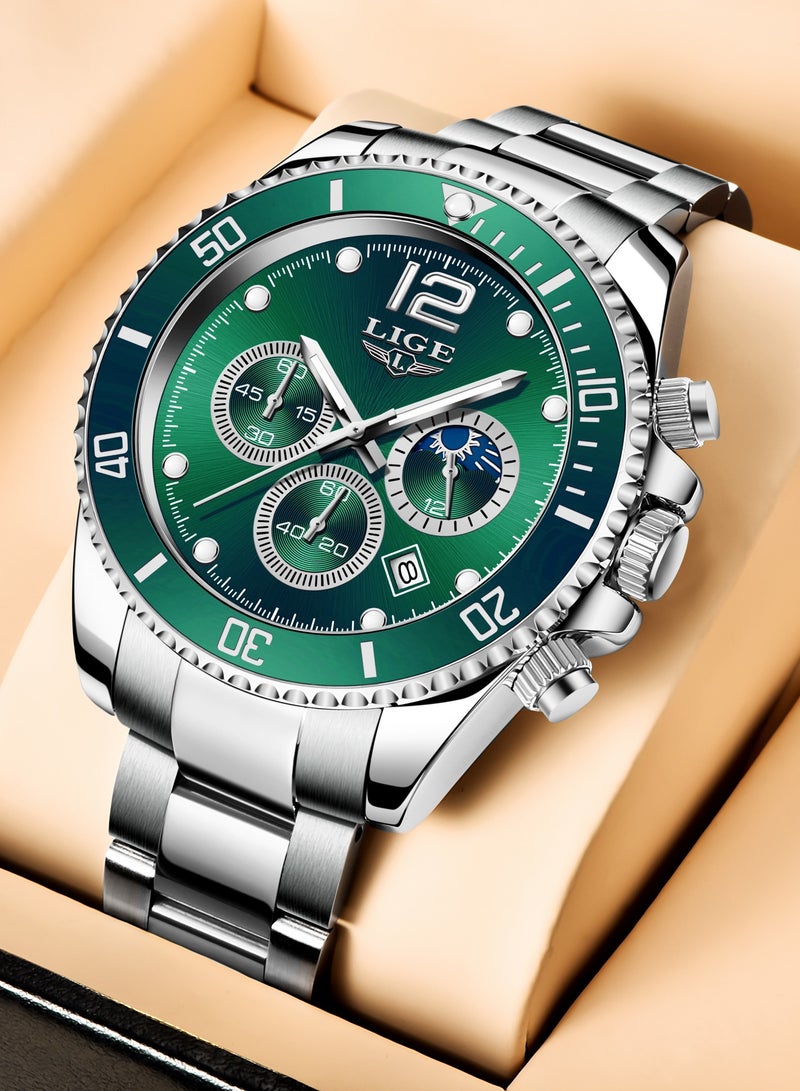 لييج ساعة يد رجالية كلاسيكية كوارتز فاخرة مقاومة للماء كرونوغراف بمينا أخضر وسوار من الفولاذ المقاوم للصدأ - Image 3
