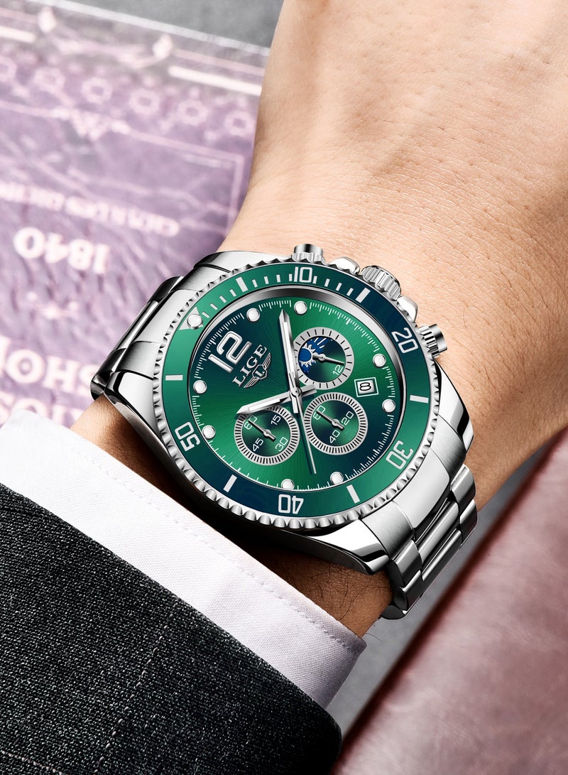 لييج ساعة يد رجالية كلاسيكية كوارتز فاخرة مقاومة للماء كرونوغراف بمينا أخضر وسوار من الفولاذ المقاوم للصدأ - Image 4