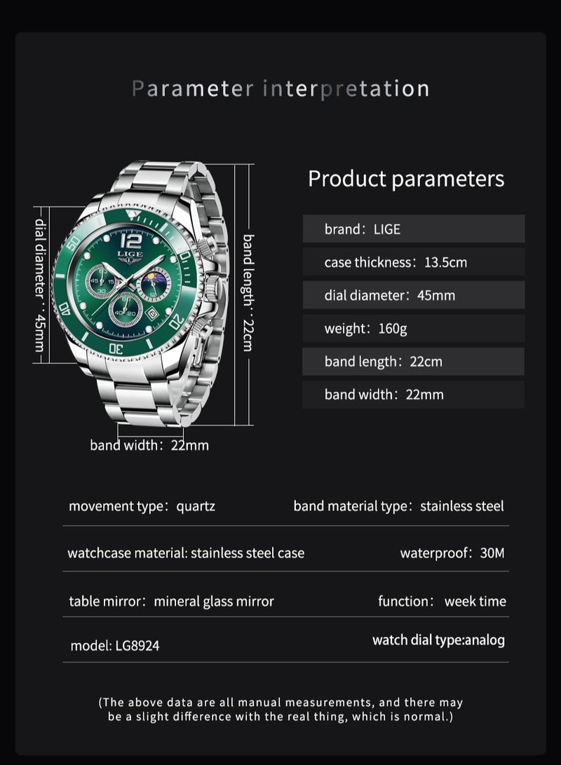 لييج ساعة يد رجالية كلاسيكية كوارتز فاخرة مقاومة للماء كرونوغراف بمينا أخضر وسوار من الفولاذ المقاوم للصدأ - Image 5