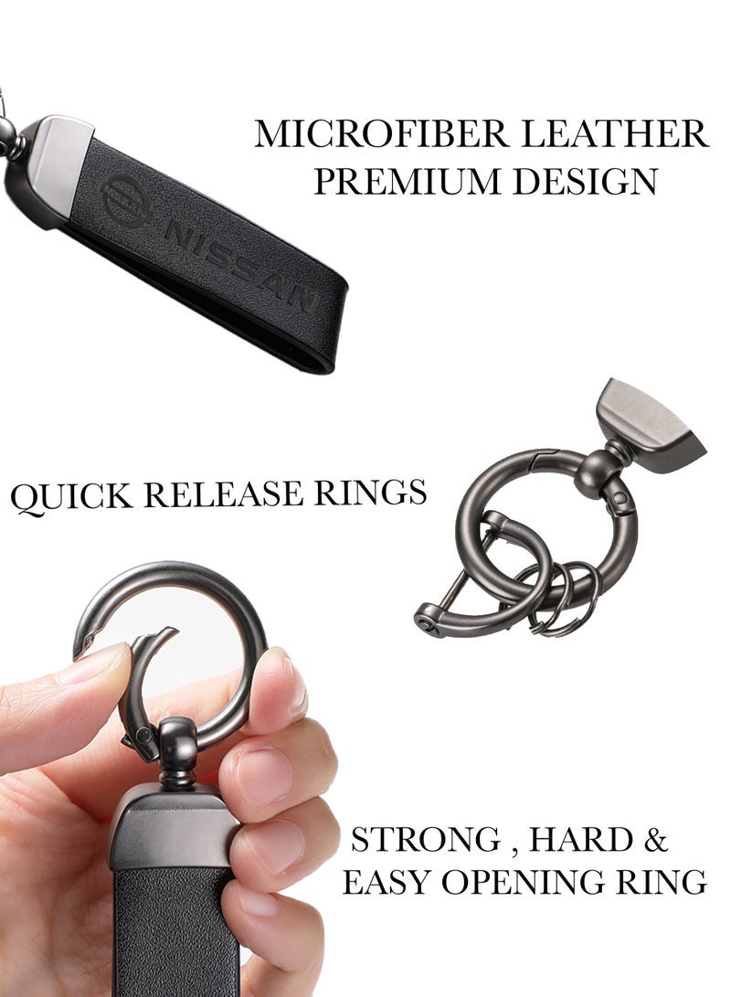 KeyAmor Luxurious Leather & Metal Keychain – Black Edition with Nissan Logo Elegant black metal and leather keychain car key holder for adults. Stylish car keychain with 3 key rings, featuring the iconic Nissan logo, perfect as a fancy gift or car accessory. Designed in a sleek black colour for a refined and modern look, it offers 360-degree rotation for added convenience, is suitable for both men and women, and comes beautifully packaged in a fancy gift box. - Image 4