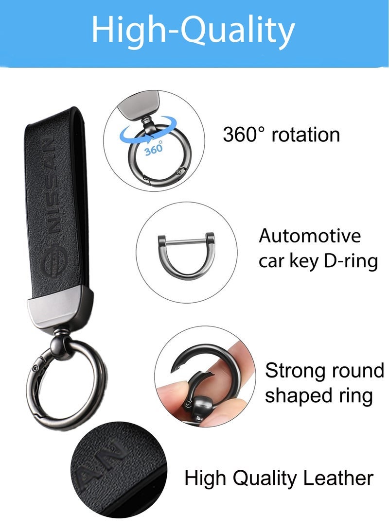 KeyAmor Luxurious Leather & Metal Keychain – Black Edition with Nissan Logo Elegant black metal and leather keychain car key holder for adults. Stylish car keychain with 3 key rings, featuring the iconic Nissan logo, perfect as a fancy gift or car accessory. Designed in a sleek black colour for a refined and modern look, it offers 360-degree rotation for added convenience, is suitable for both men and women, and comes beautifully packaged in a fancy gift box. - Image 3