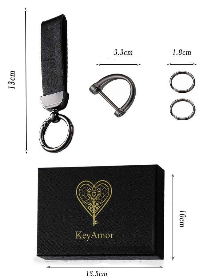 KeyAmor Luxurious Leather & Metal Keychain – Black Edition with Nissan Logo Elegant black metal and leather keychain car key holder for adults. Stylish car keychain with 3 key rings, featuring the iconic Nissan logo, perfect as a fancy gift or car accessory. Designed in a sleek black colour for a refined and modern look, it offers 360-degree rotation for added convenience, is suitable for both men and women, and comes beautifully packaged in a fancy gift box. - Image 5