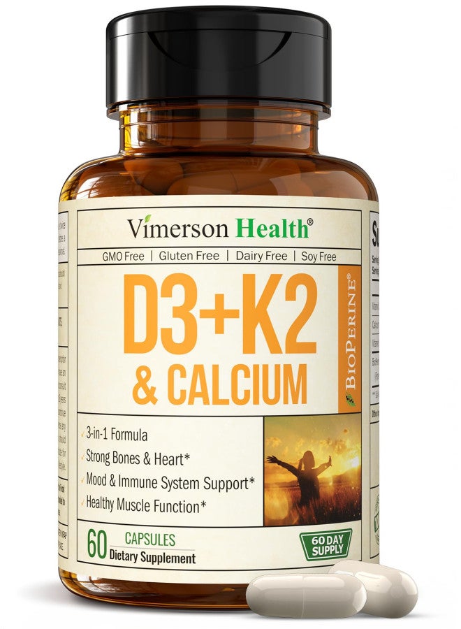 Vimerson Health Vitamin D3 & K2 with Calcium & BioPerine - Vitamin D 5000 IU - Vitamin D3 + Vitamin K2 & Calcium Supplement - Supports Overall Health: Strong Bones & Teeth, Muscles, Heart & Immune Function & Energy. - Image 1