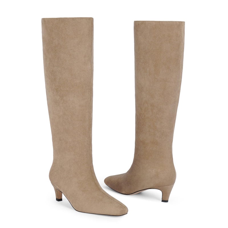 Modatope Knee High Tan Boots Kitten Low Heel Square Toe Tall Long Tan High Pull On Knee High Fall Boots Size 8.5 - Image 4