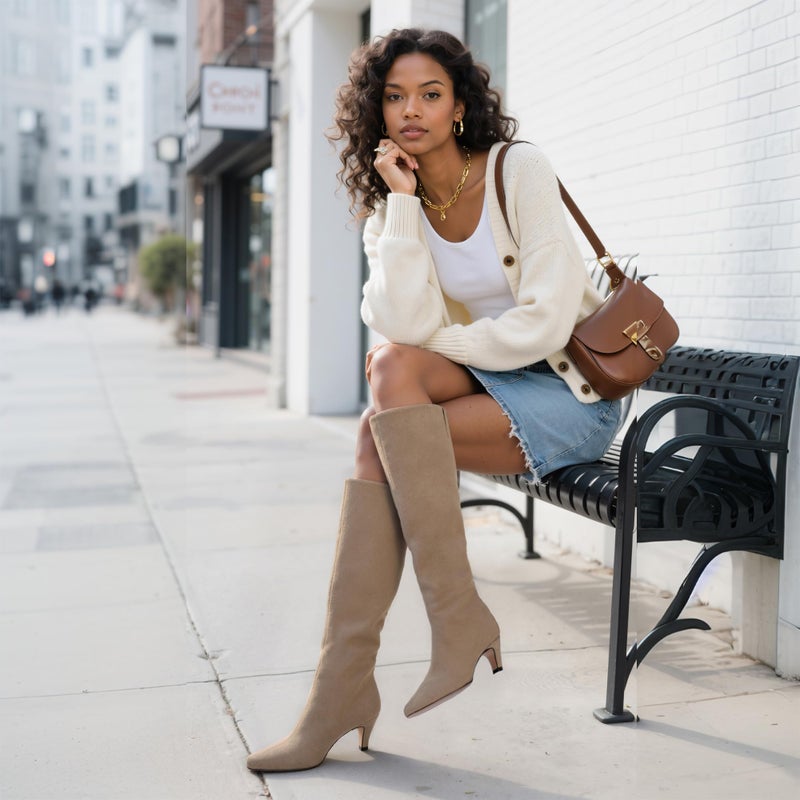 Modatope Knee High Tan Boots Kitten Low Heel Square Toe Tall Long Tan High Pull On Knee High Fall Boots Size 8.5 - Image 3