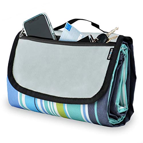 PACKNBUY Foldable Picnic Mat for Outdoor Waterproof Sand Proof Camping Blanket for Beach Travel Park Family Outing Trekking Hiking Large Foldable Mat Rug (Blue Stripes) - Image 1